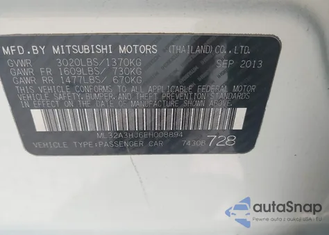 2014 Mitsubishi Mirage De z USA, uszkodzony, nr VIN ML32A3HJ6EH008894
